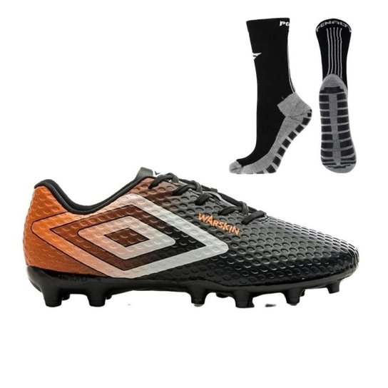 Chuteira Campo Umbro Warskin Masculina + Meia Antiderrapante Preta